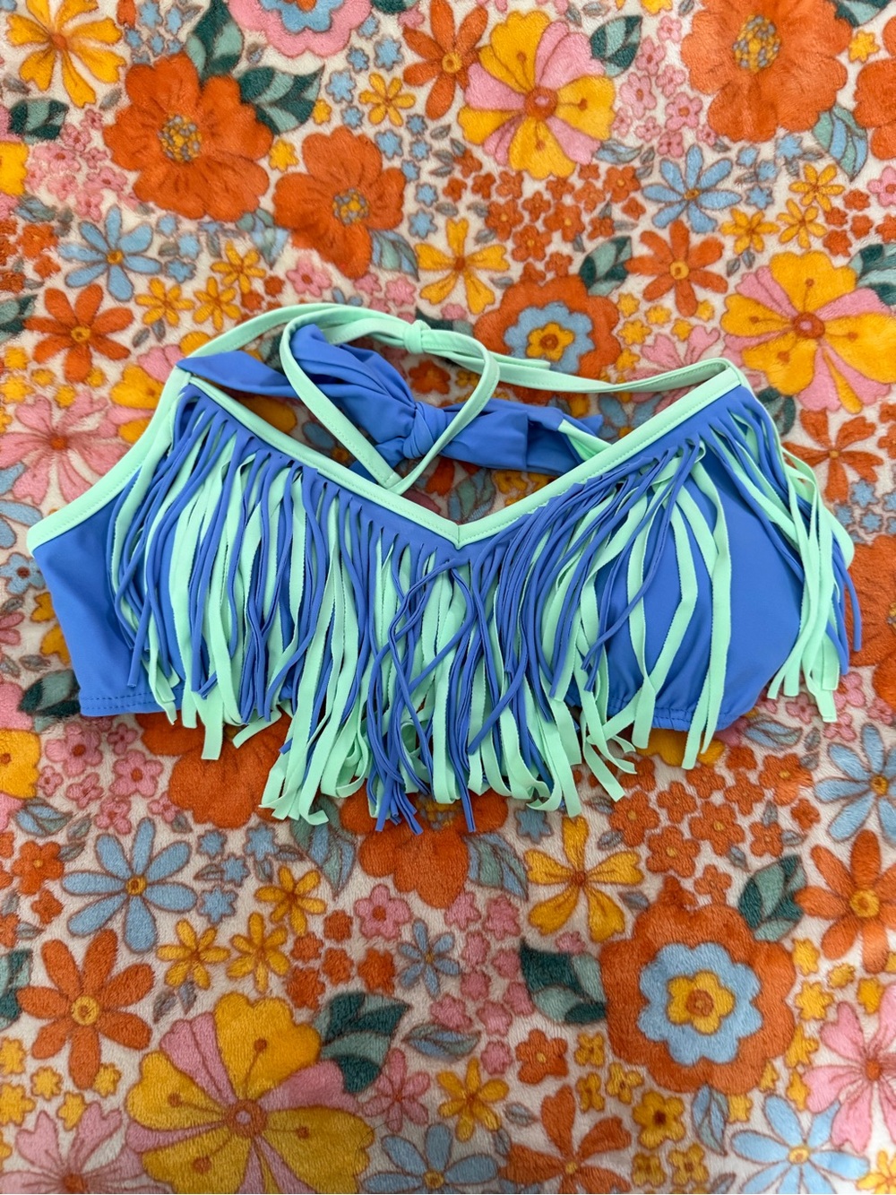 Women’s/Juniors Blue & Mint Fringe Swim Top